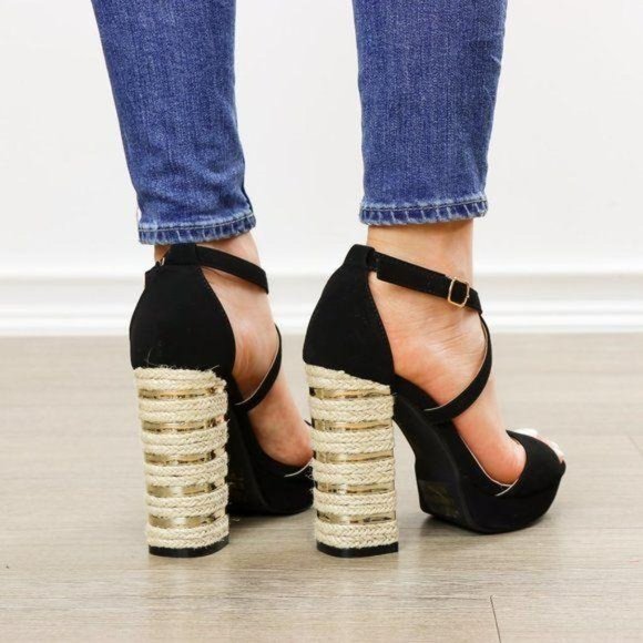 Espadrille Heel Black Open Toe Platform Sandals - Picture 7 of 8